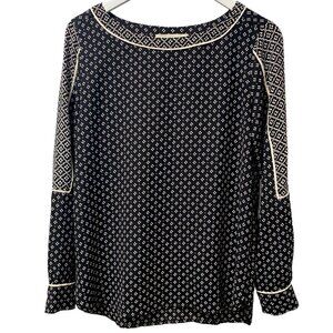 ANN TAYLOR LOFT Blouse Size XS Black Cream Boho Print Long Sleeve Womens Top